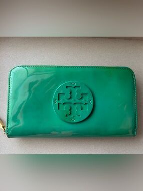 Tory Burch patent leather continental zip around wallet teal blue green